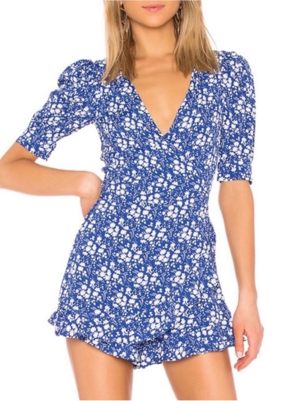 For Love & Lemons Blue Floral Keyhole Tie Front Romper XS